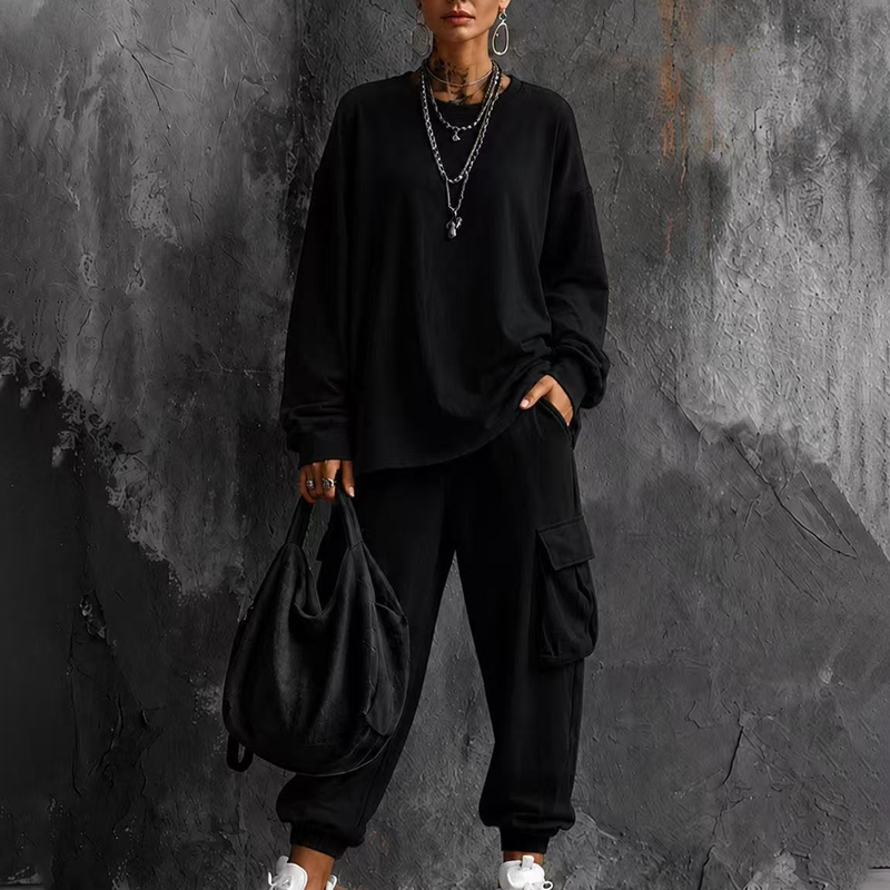 ✨👗Conjunto de top casual de gola redonda e calças cargo para mulher