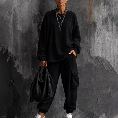 ✨👗Conjunto de top casual de gola redonda e calças cargo para mulher
