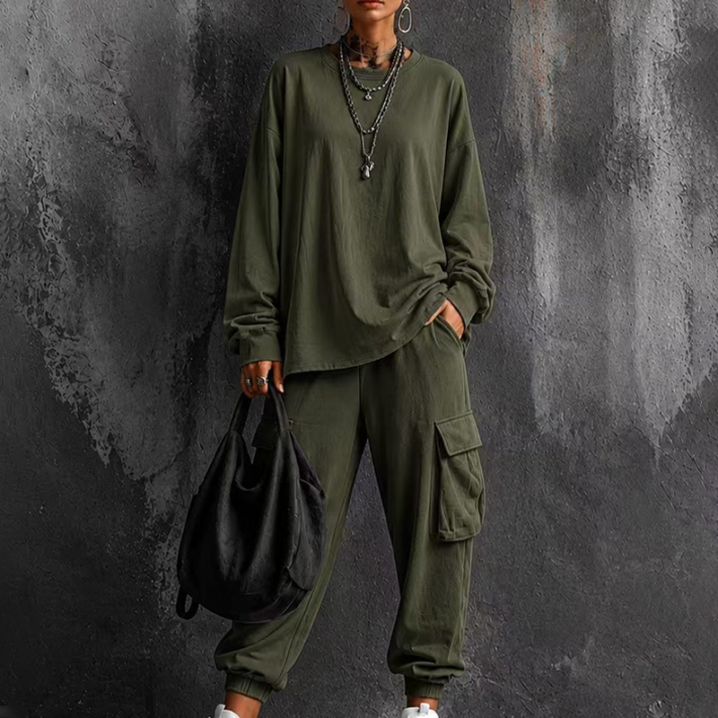 ✨👗Conjunto de top casual de gola redonda e calças cargo para mulher