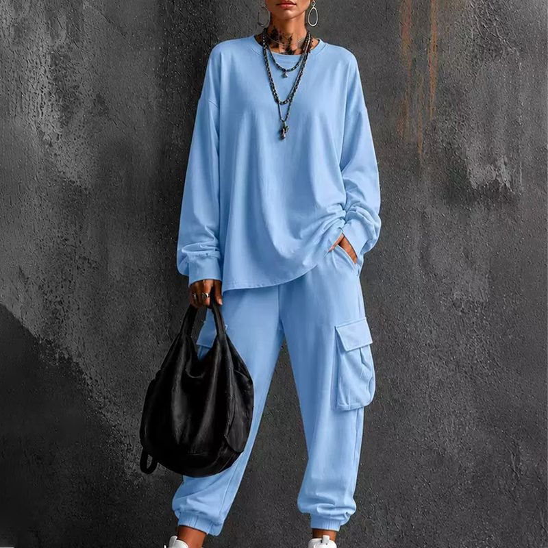 ✨👗Conjunto de top casual de gola redonda e calças cargo para mulher