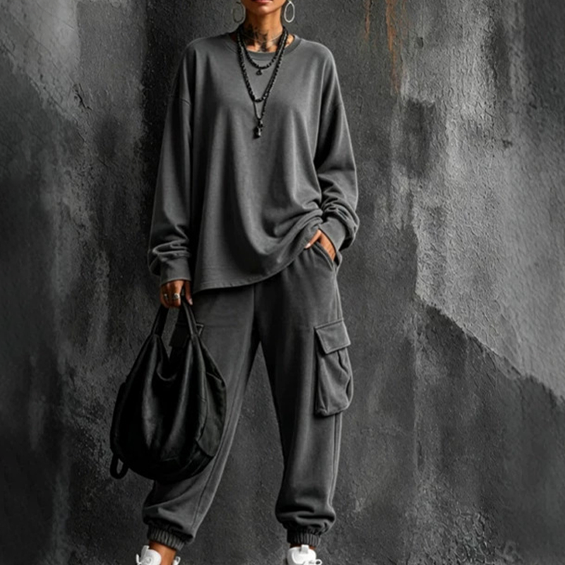 ✨👗Conjunto de top casual de gola redonda e calças cargo para mulher