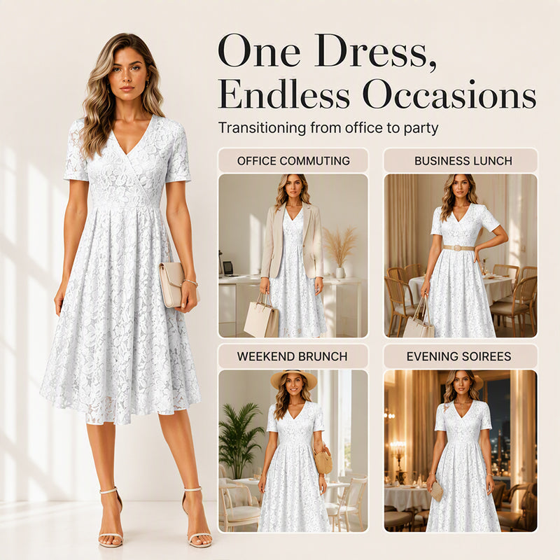✨👗Vestido elegante de renda com decote em V para mulher
