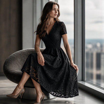 ✨👗Vestido elegante de renda com decote em V para mulher
