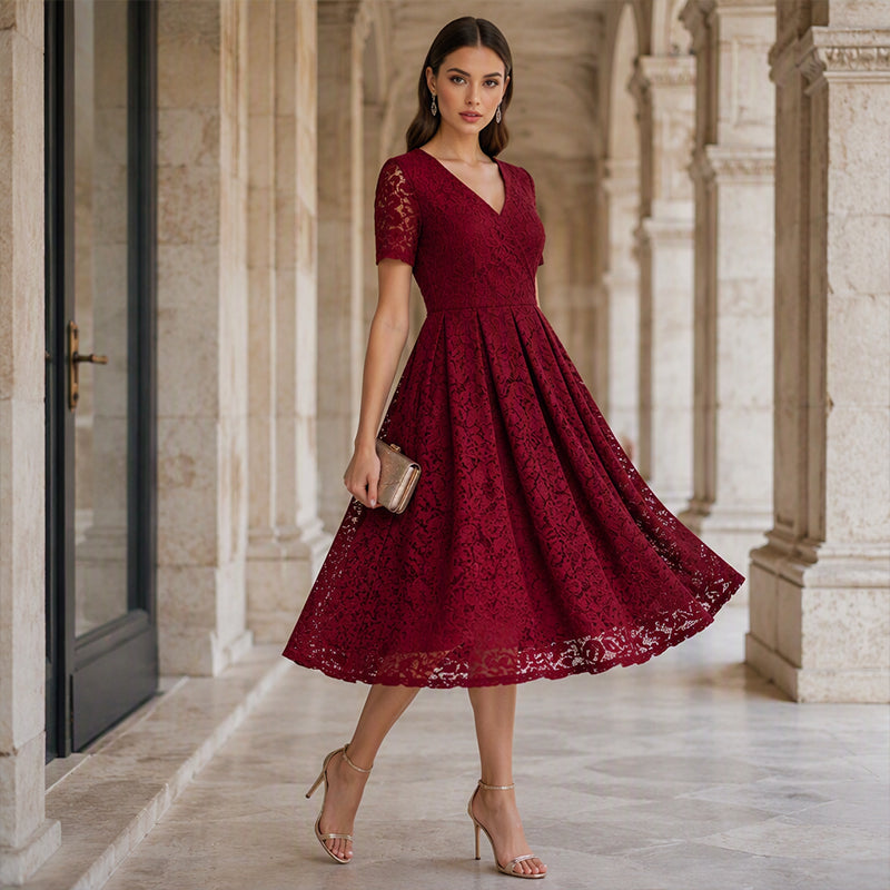 ✨👗Vestido elegante de renda com decote em V para mulher