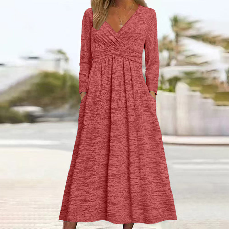 ✨👗Vestido feminino com decote em V e bolsos
