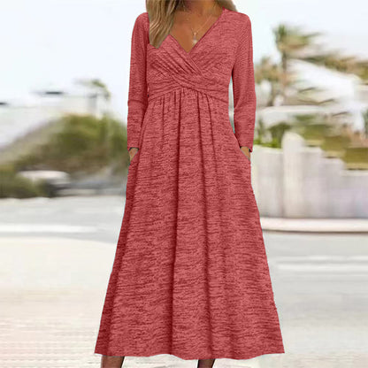 ✨👗Vestido feminino com decote em V e bolsos