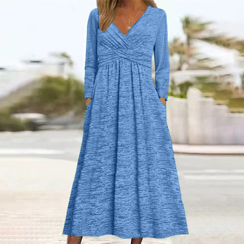 ✨👗Vestido feminino com decote em V e bolsos