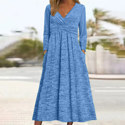 ✨👗Vestido feminino com decote em V e bolsos
