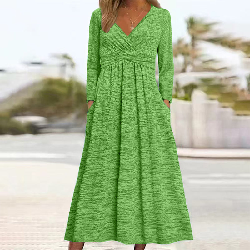 ✨👗Vestido feminino com decote em V e bolsos