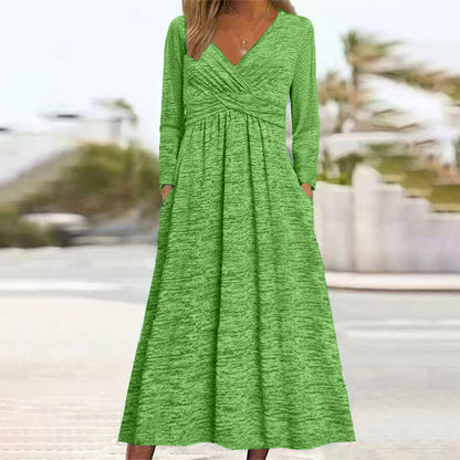 ✨👗Vestido feminino com decote em V e bolsos