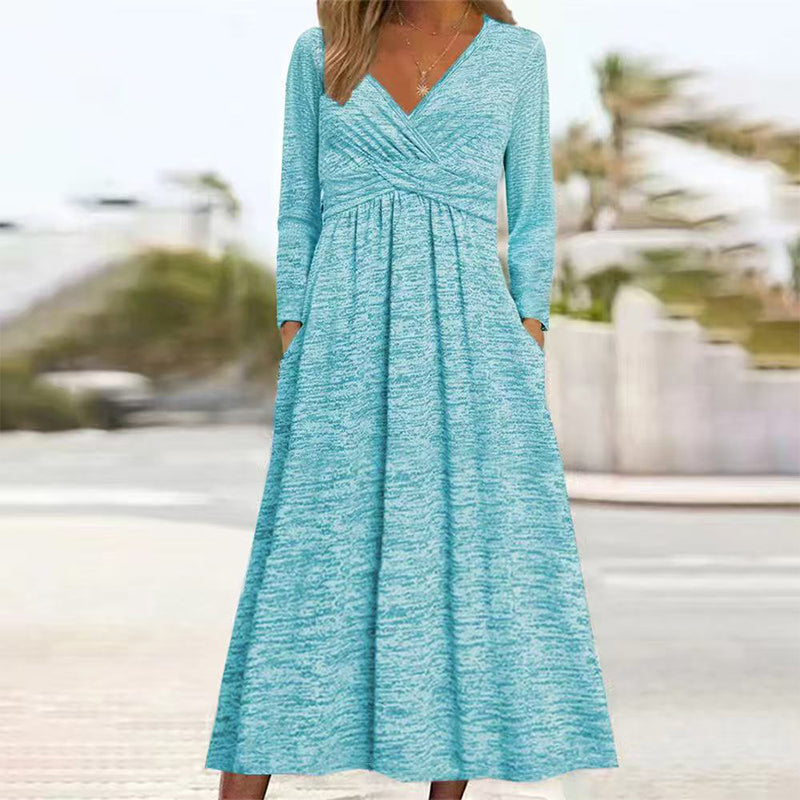 ✨👗Vestido feminino com decote em V e bolsos