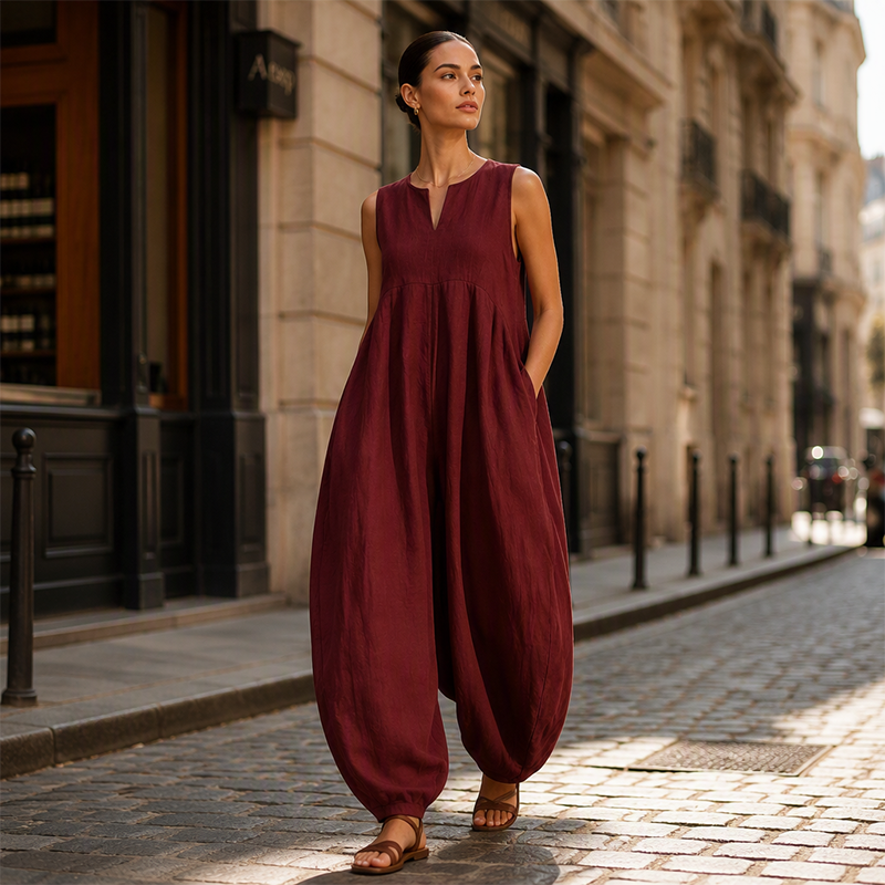 ✨👗Macacão sem mangas, com decote em V e pernas largas, com bolsos, para mulher