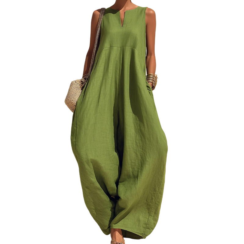 ✨👗Macacão sem mangas, com decote em V e pernas largas, com bolsos, para mulher