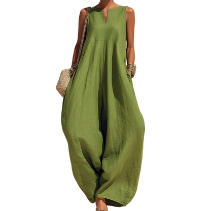 ✨👗Macacão sem mangas, com decote em V e pernas largas, com bolsos, para mulher