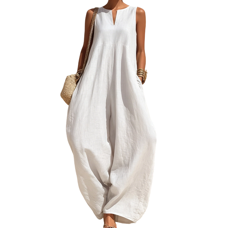 ✨👗Macacão sem mangas, com decote em V e pernas largas, com bolsos, para mulher