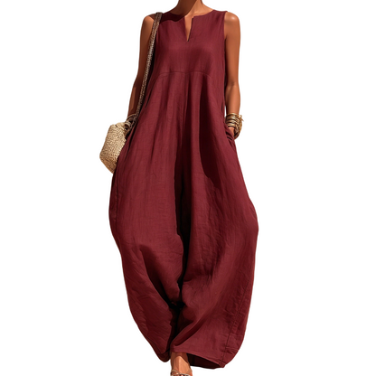 ✨👗Macacão sem mangas, com decote em V e pernas largas, com bolsos, para mulher