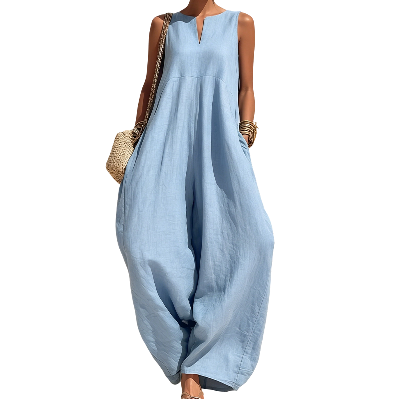✨👗Macacão sem mangas, com decote em V e pernas largas, com bolsos, para mulher