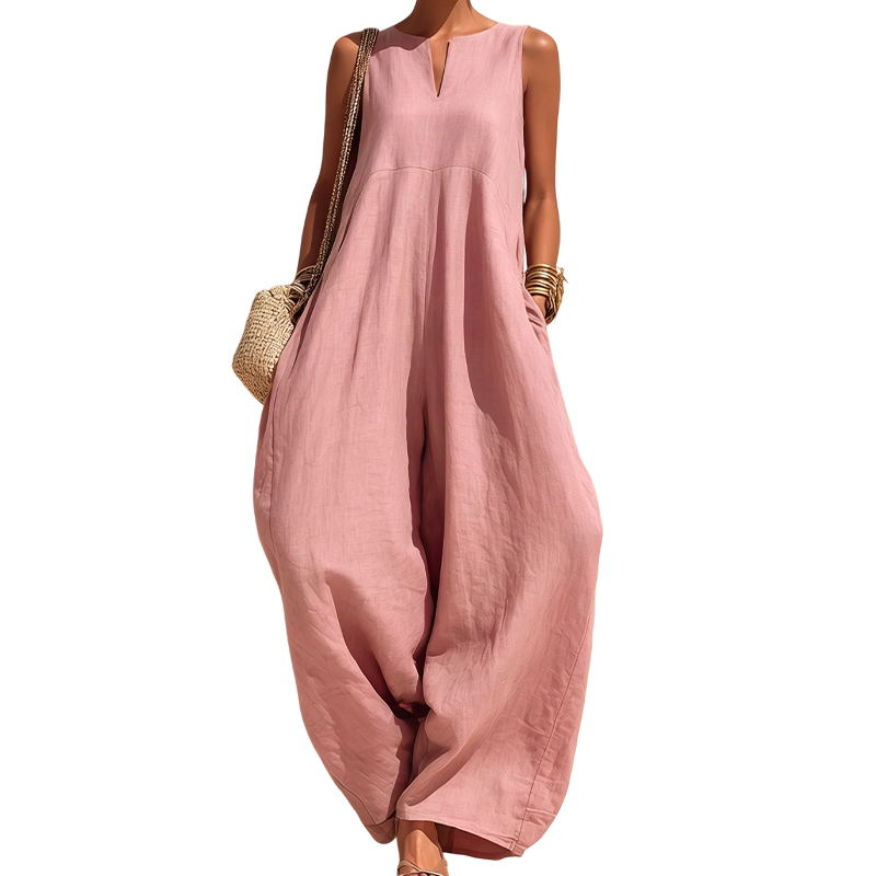 ✨👗Macacão sem mangas, com decote em V e pernas largas, com bolsos, para mulher