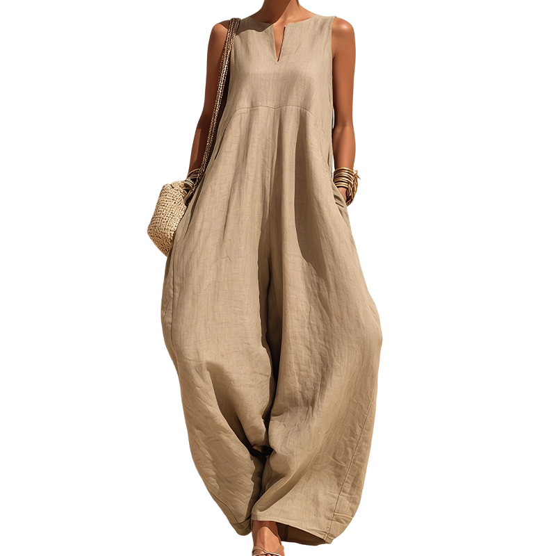 ✨👗Macacão sem mangas, com decote em V e pernas largas, com bolsos, para mulher