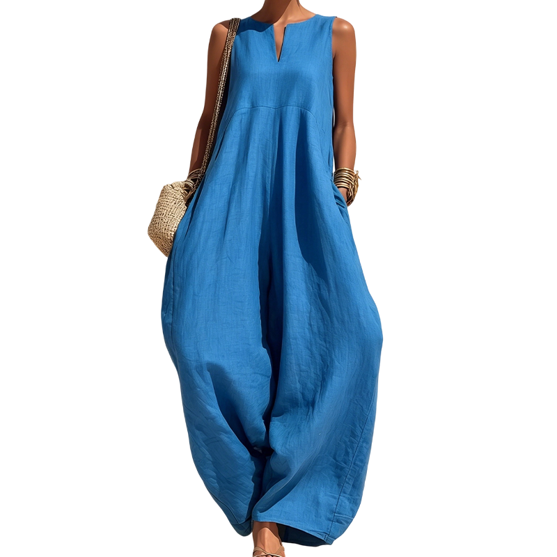 ✨👗Macacão sem mangas, com decote em V e pernas largas, com bolsos, para mulher