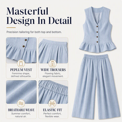 ✨👗Conjunto de top com peplum e calças de perna larga para mulher