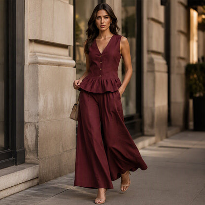 ✨👗Conjunto de top com peplum e calças de perna larga para mulher