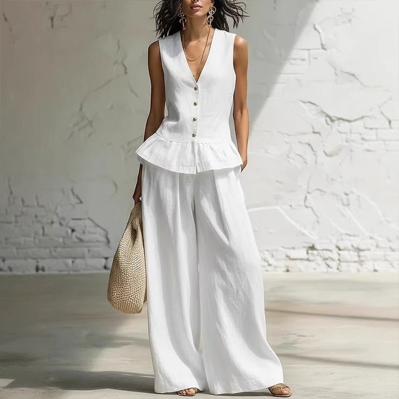 ✨👗Conjunto de top com peplum e calças de perna larga para mulher