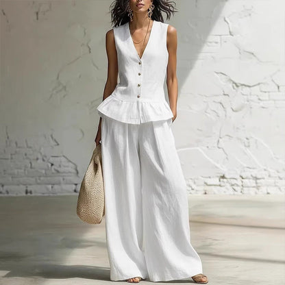 ✨👗Conjunto de top com peplum e calças de perna larga para mulher