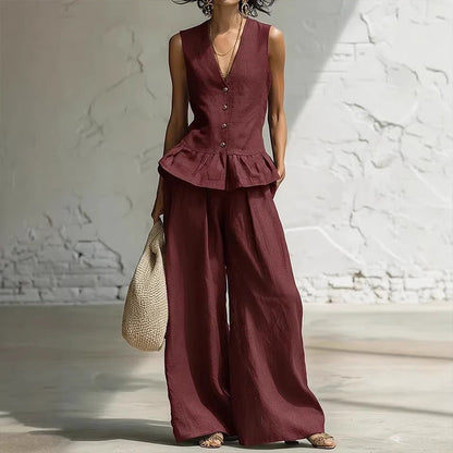 ✨👗Conjunto de top com peplum e calças de perna larga para mulher