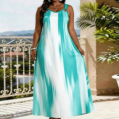 ✨👗Vestido sem mangas às riscas para mulher, tamanho grande