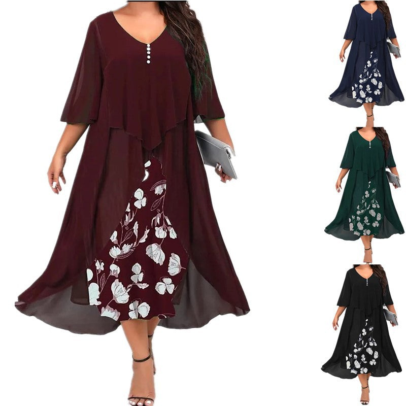 ✨👗Vestido Irregular de Duas Peças com Manga Média em Chiffon Fake Para Mulheres