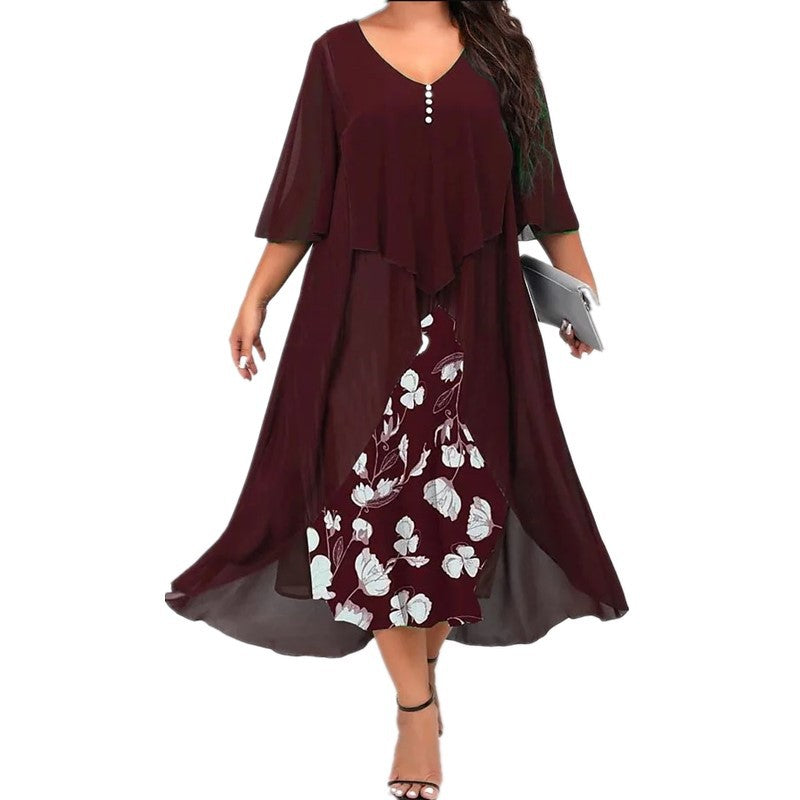 ✨👗Vestido Irregular de Duas Peças com Manga Média em Chiffon Fake Para Mulheres