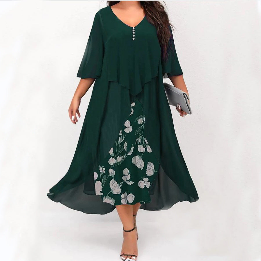 ✨👗Vestido Irregular de Duas Peças com Manga Média em Chiffon Fake Para Mulheres