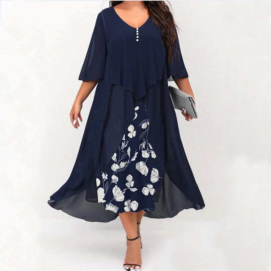✨👗Vestido Irregular de Duas Peças com Manga Média em Chiffon Fake Para Mulheres