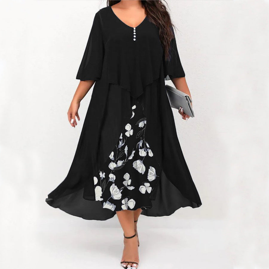 ✨👗Vestido Irregular de Duas Peças com Manga Média em Chiffon Fake Para Mulheres