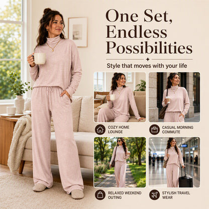 ✨👗Conjunto de camisola de gola alta e calças largas para mulher
