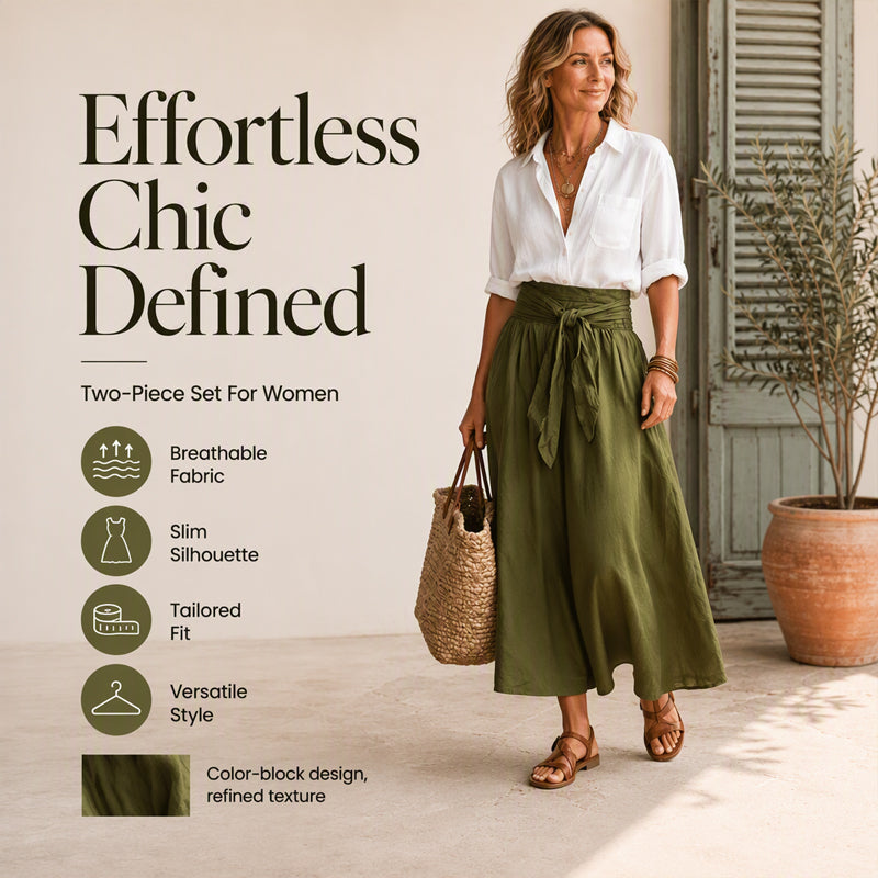 ✨👗Conjunto elegante de camisa e saia com cintura atada para mulher
