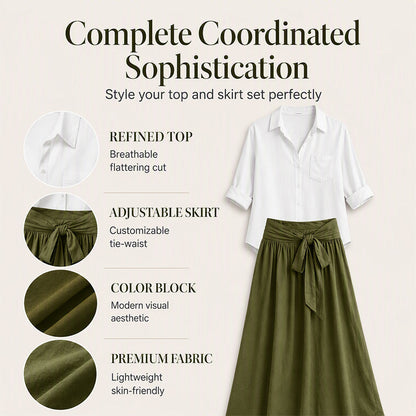 ✨👗Conjunto elegante de camisa e saia com cintura atada para mulher
