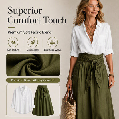 ✨👗Conjunto elegante de camisa e saia com cintura atada para mulher