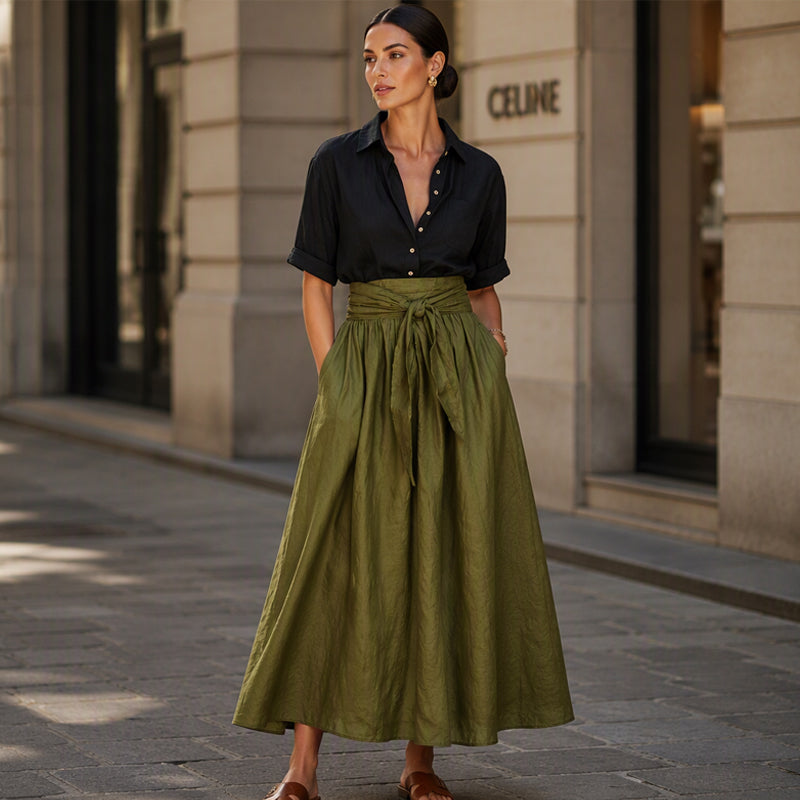 ✨👗Conjunto elegante de camisa e saia com cintura atada para mulher