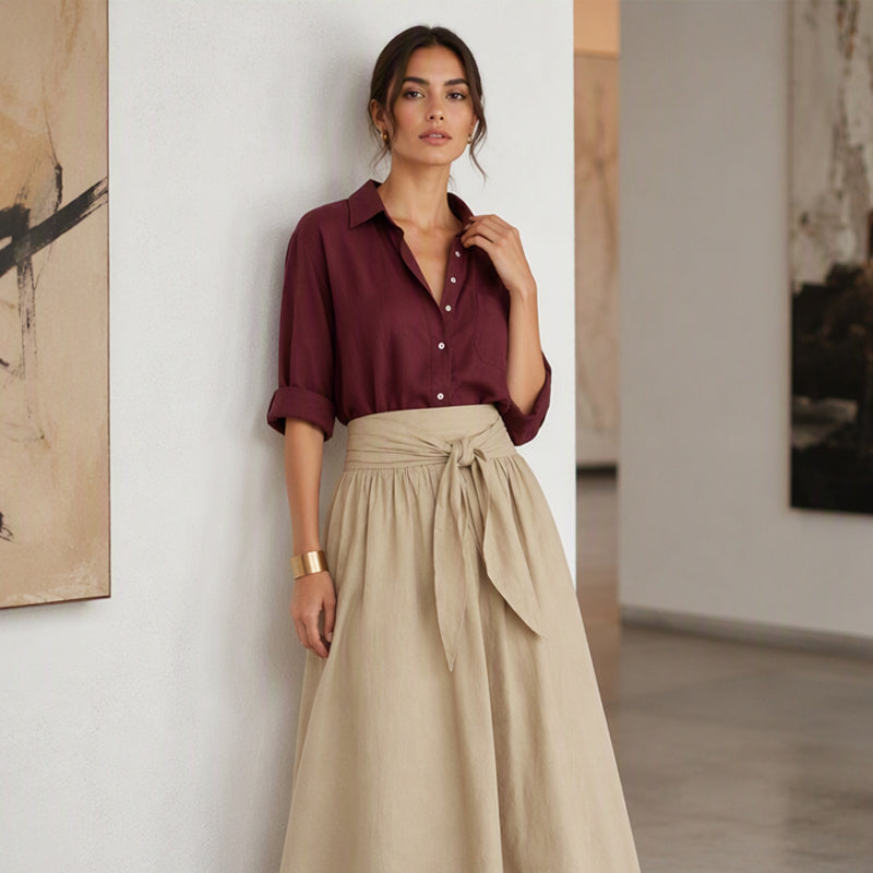 ✨👗Conjunto elegante de camisa e saia com cintura atada para mulher