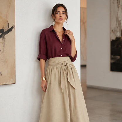 ✨👗Conjunto elegante de camisa e saia com cintura atada para mulher