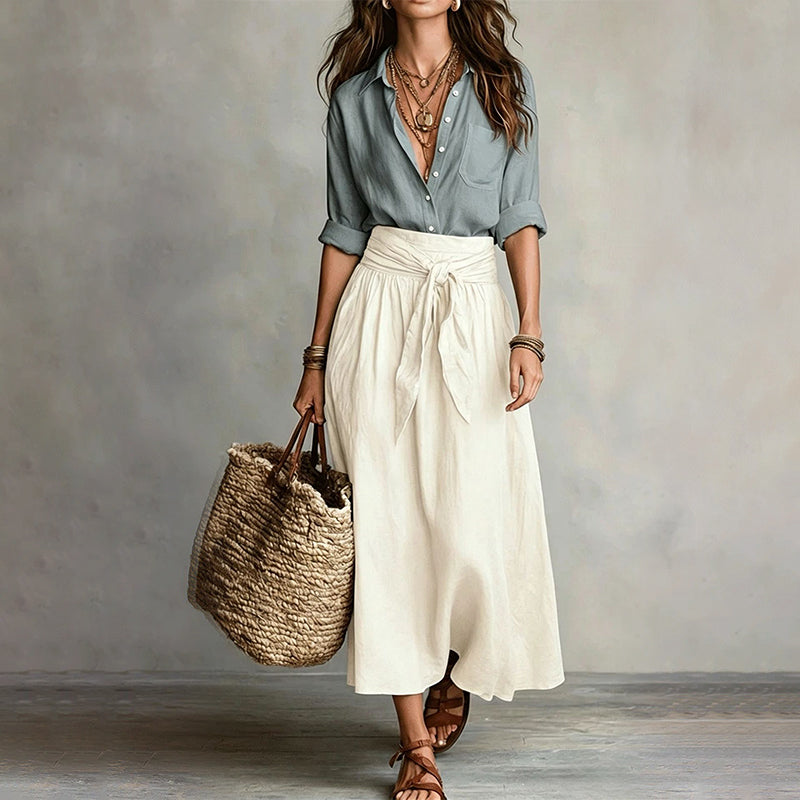 ✨👗Conjunto elegante de camisa e saia com cintura atada para mulher