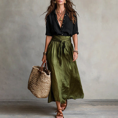 ✨👗Conjunto elegante de camisa e saia com cintura atada para mulher