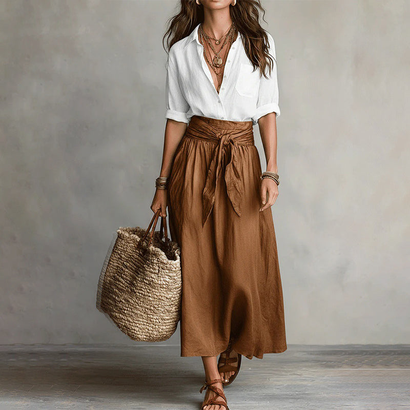 ✨👗Conjunto elegante de camisa e saia com cintura atada para mulher