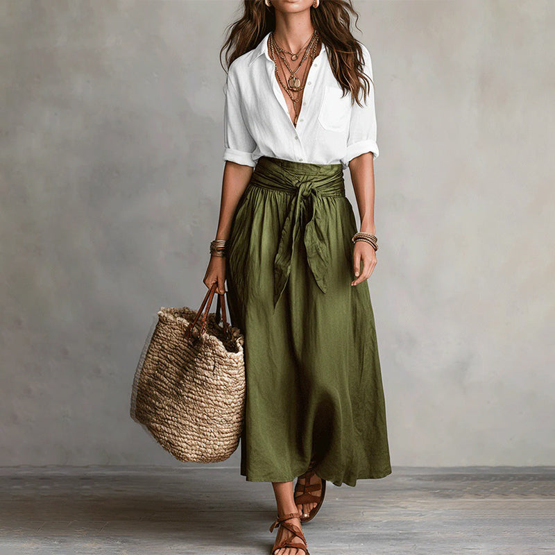 ✨👗Conjunto elegante de camisa e saia com cintura atada para mulher