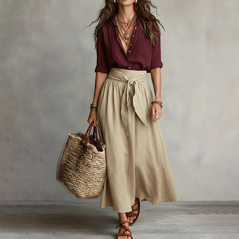 ✨👗Conjunto elegante de camisa e saia com cintura atada para mulher