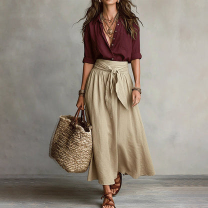 ✨👗Conjunto elegante de camisa e saia com cintura atada para mulher