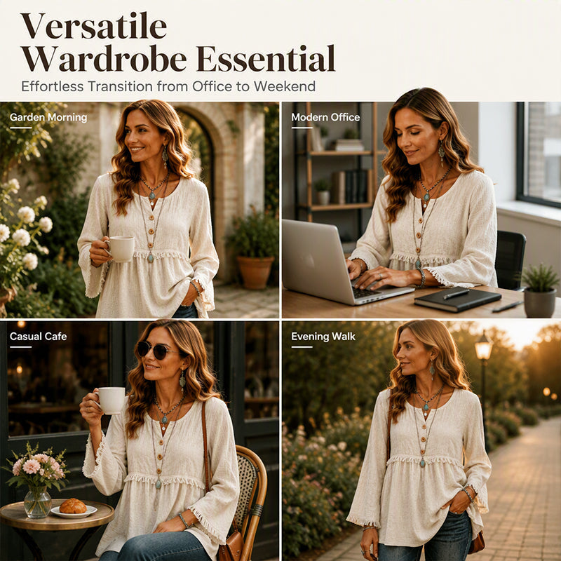 ✨👚Top casual feminino de manga comprida, corte largo e com franjas
