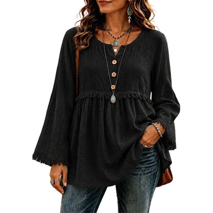 ✨👚Top casual feminino de manga comprida, corte largo e com franjas